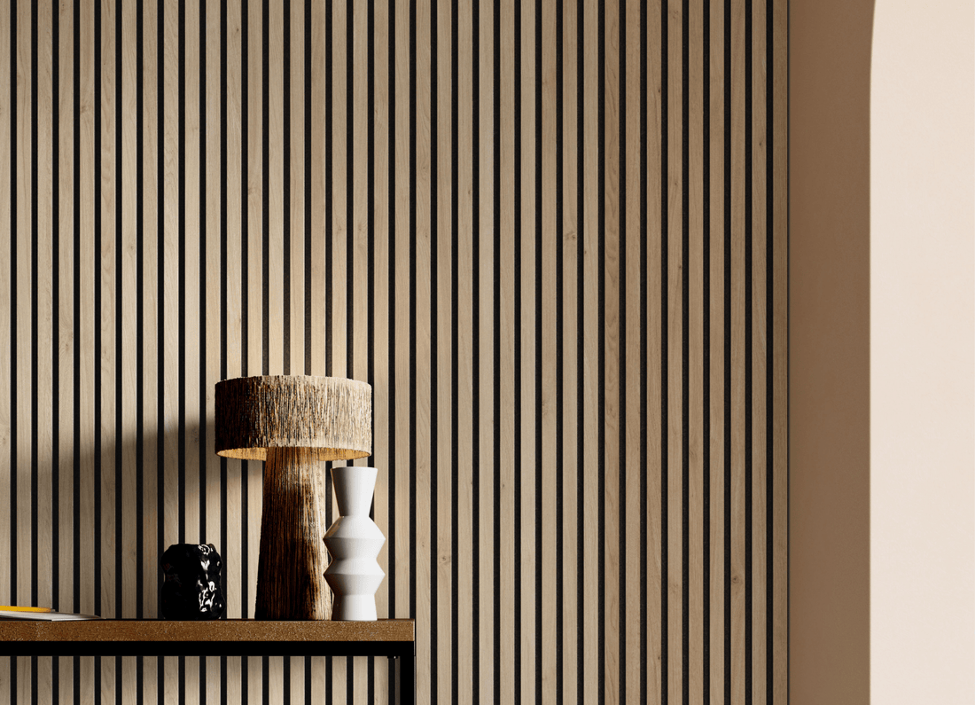 Image of a Natural Oak on Black SlatWall background with a desk table and lamp